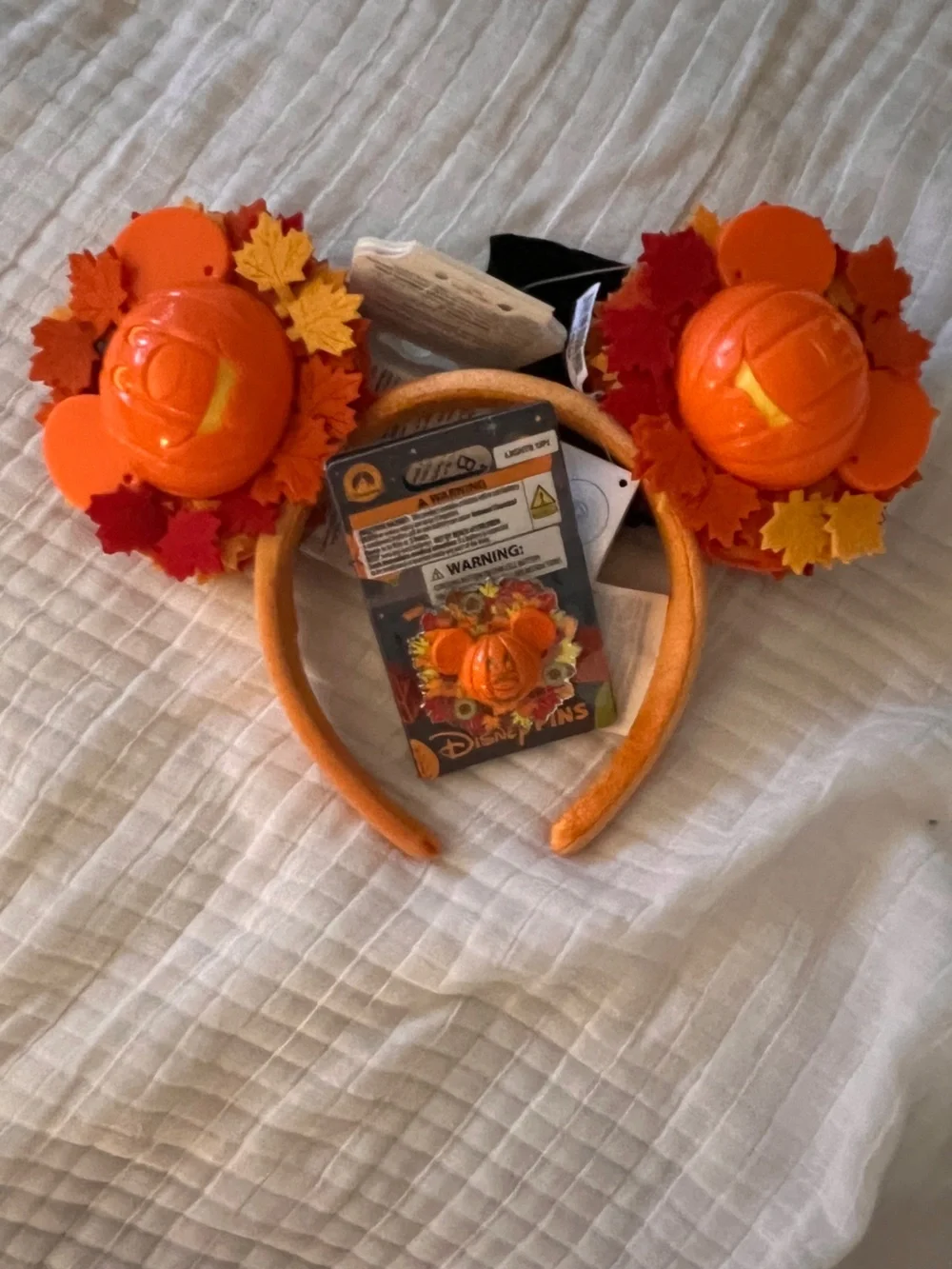 Disney Orange Pumpkin Wreath Light Up Ear Headband and Light up Pin